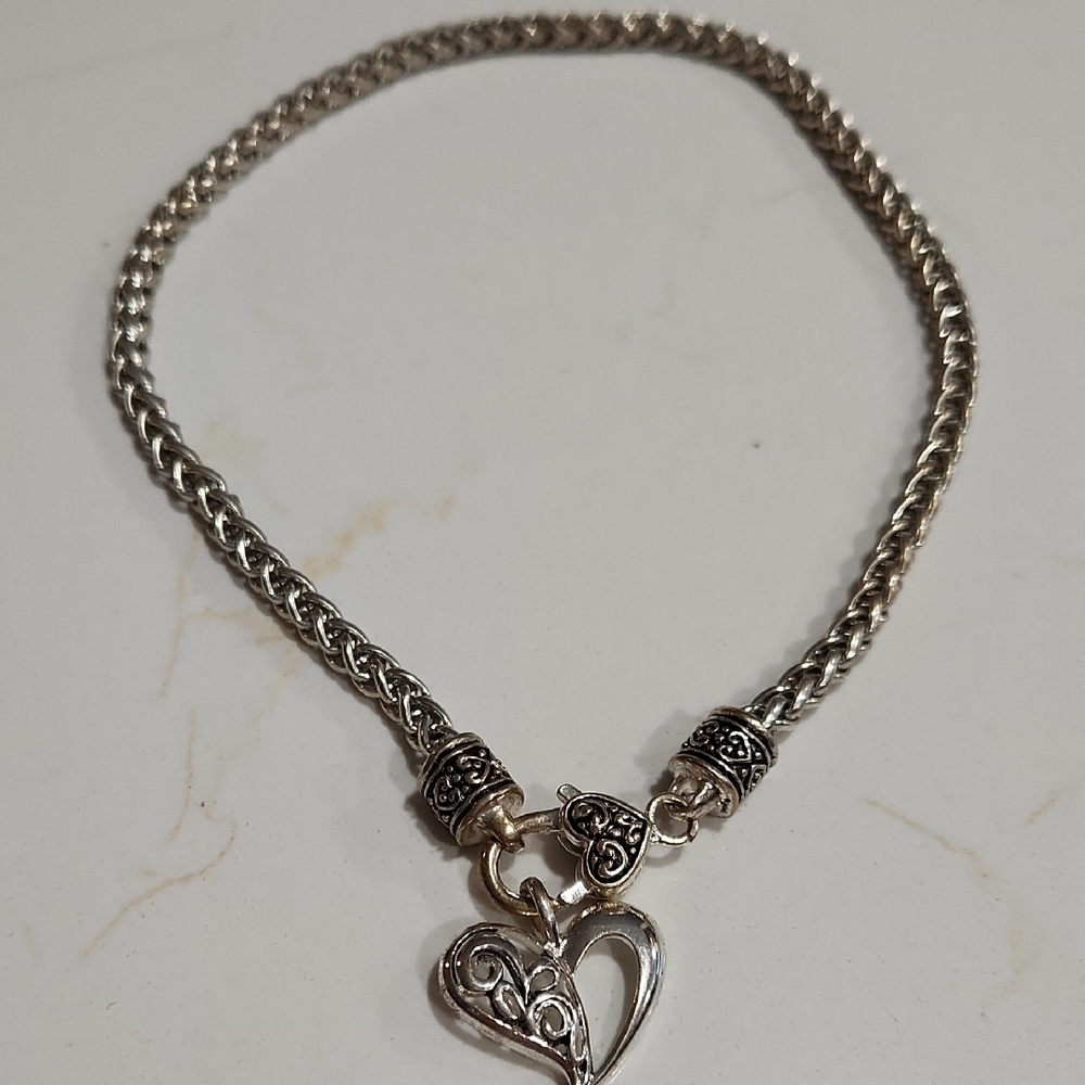 Silver Heart Filigree Necklace with Braided Chain